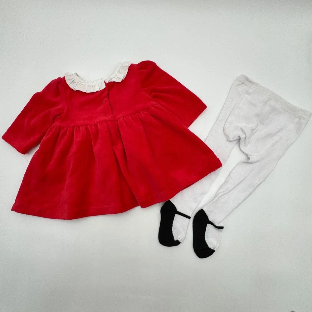 NEW Little Me Baby Girls 3 Months‎ Dress and Tights Set Red Festive Roses Velour
